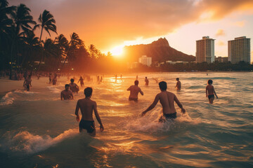 Golden Waikiki Sunset Silhouettes in Honolulu, Hawaii: Relaxation and Majestic Beauty Along the Serene Pacific Coastline.




