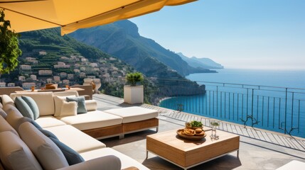 Fototapeta premium Luxurious villa nestled along the breathtaking Amalfi Coast of Italy, with panoramic views of the sparkling Mediterranean Sea and cliffside terraces