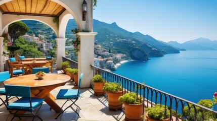 Fototapeta na wymiar Luxurious villa nestled along the breathtaking Amalfi Coast of Italy, with panoramic views of the sparkling Mediterranean Sea and cliffside terraces