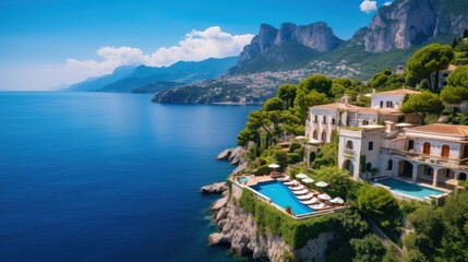 Luxurious villa nestled along the breathtaking Amalfi Coast of Italy, with panoramic views of the sparkling Mediterranean Sea and cliffside terraces