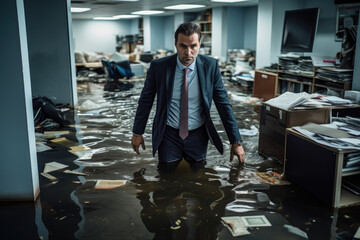 Businessman's Desolate Look at His Office Flooded. AI Generative