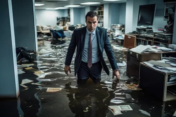 Fotobehang Businessman's Desolate Look at His Office Flooded. AI Generative © Mr. Bolota