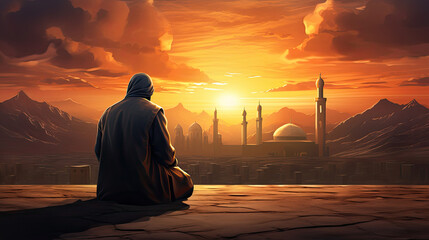 A Muslim man is facing the sunset and praying namaz or salah. Serene holy night background.
