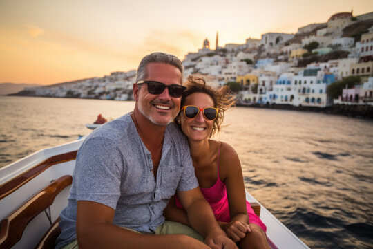 Romantic Mediterranean Cruise. Couple Sailing on a Boat during Summer Vacation at Sunset. AI Generative