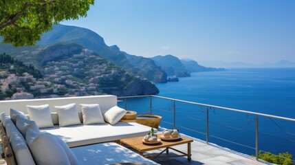 Fototapeta premium Luxurious villa nestled along the breathtaking Amalfi Coast of Italy, with panoramic views of the sparkling Mediterranean Sea and cliffside terraces
