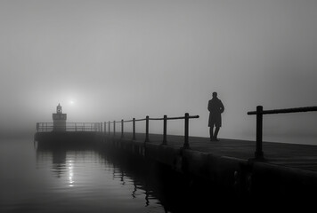 A moody image of a man walking on a dock on a foggy night.  Generative AI.