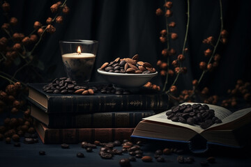 An image of coffee beans on a bowl, on top of books - Generative AI