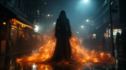 A Woman Wearing a Dark Robe Wreathed in Flames Standing in a City Street