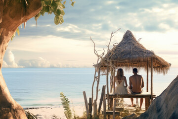 Couple in love chilling and enjoying beautiful views over the ocean, paradisiac beach, sunday morning, ai generative