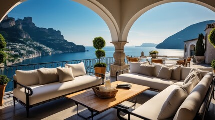 Obraz premium Luxurious villa nestled along the breathtaking Amalfi Coast of Italy, with panoramic views of the sparkling Mediterranean Sea and cliffside terraces