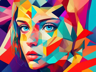Unique and abstract interpretations of girl's portraits, using geometric shapes, bold colors. AI Generative Free Photo
