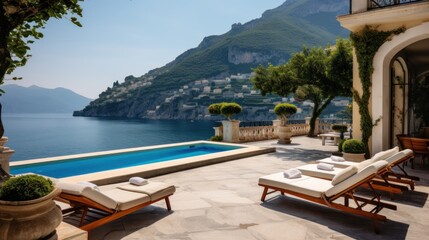 Luxurious villa nestled along the breathtaking Amalfi Coast of Italy, with panoramic views of the sparkling Mediterranean Sea and cliffside terraces - obrazy, fototapety, plakaty