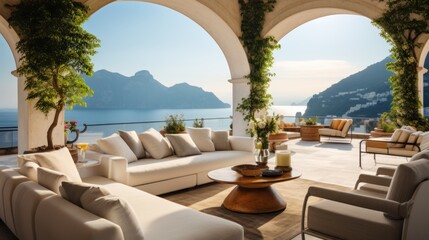 Obraz na płótnie Canvas Luxurious villa nestled along the breathtaking Amalfi Coast of Italy, with panoramic views of the sparkling Mediterranean Sea and cliffside terraces