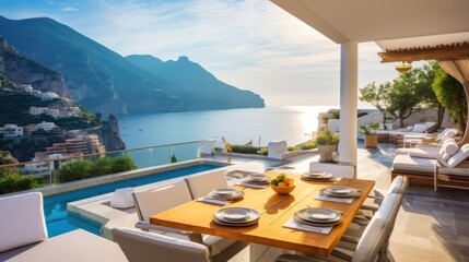 Fototapeta premium Luxurious villa nestled along the breathtaking Amalfi Coast of Italy, with panoramic views of the sparkling Mediterranean Sea and cliffside terraces