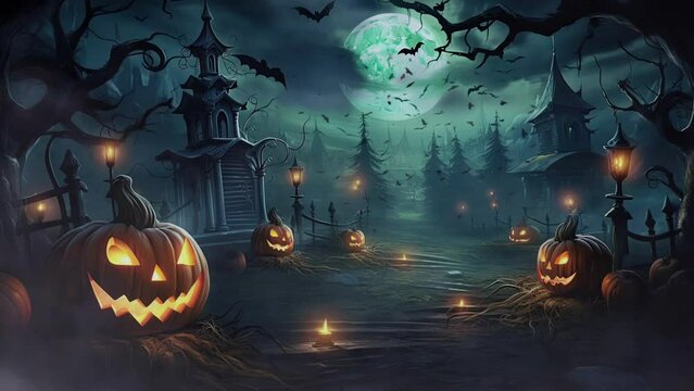 Scary Halloween night with a glowing lantern and creepy ghosts roaming a haunted cemetery. Spooky atmosphere and eerie silhouette of a haunted house. Concept of horror and darkness.