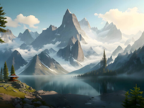 A breathtaking mountain landscape, highlighting the grandeur of towering peaks, serene lakes. AI Generative Free Photo