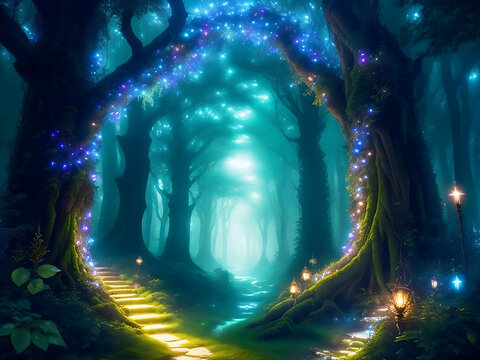 A image depicting a mystical forest with towering trees, magical creatures, and shimmering lights. AI Generative Free Photo