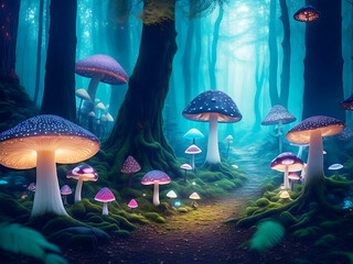 Fototapeta na wymiar A magical forest scene filled with tall trees, glowing mushrooms, and whimsical creatures, evoking a sense of wonder and enchantment. AI Generative Free Photo
