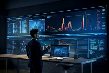 Fototapeta premium Businessman analyst working with digital finance business data graph showing technology of investment strategy