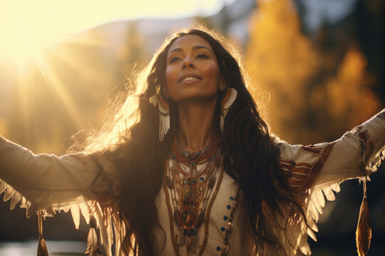 Enchanting Indigenous Beauty. Seductive Woman in the Heart of the Forest with Natural Light. AI Generative