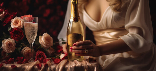 Elegance and Romance. Lady Holding Champagne and Roses in a Sensual and Traditional Style. AI Generative