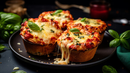 A mouthwatering deep dish pizza muffin, brimming with melted cheese, savory tomato sauce, and your favorite toppings, a delightful twist on a classic.