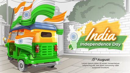 Auto Rickshaw and Indian Flag in India Independence Day Illustration