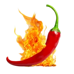Fototapete Scharfe Chili-pfeffer red chili with fire flame isolated on transparent background cutout, generative ai