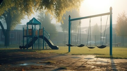 An empty school playground with swings, a seesaw, and a slide in the early morning. Generative AI