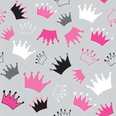 Vector Pink, Black and White Crowns on Grey Background seamless pattern. Perfect for fabric, scrapbooking, wallpaper projects, and paper products.
