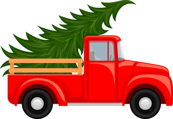 Vector illustration of a bright red vintage style truck carrying a Christmas tree in its bed.