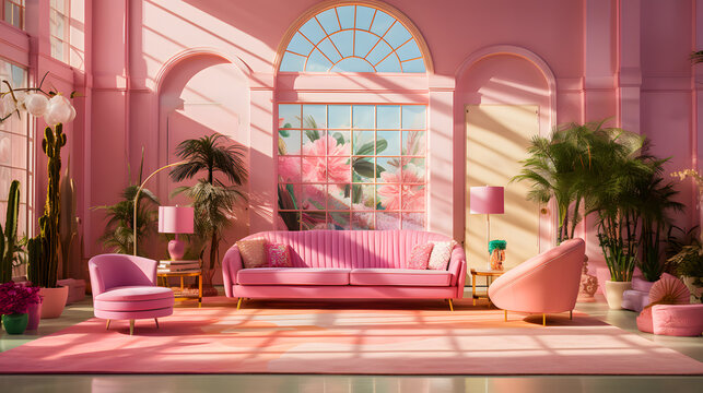 Pink Barbie Dreamy Living Room With A Pink Sofa And A Large Window