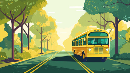 Obraz premium yellow school bus driving down a tree-lined street