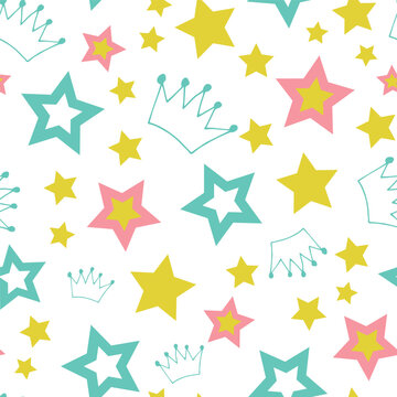 Vector Yellow, Green, Pink Stars and Crowns seamless pattern. Perfect for fabric, scrapbooking, wallpaper projects, and paper products.
