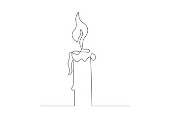 One continuous line drawing of candle lighted. Burning fire and melting candle isolated on white background vector illustration. Pro vector.