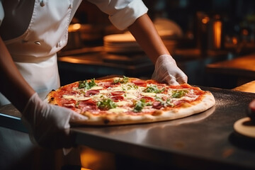 Neapolitan Culinary Tradition. Pizzaiolo Preparing Pizza with Thin Crust and Rich Tomato Sauce in Authentic Pizzeria. AI Generative