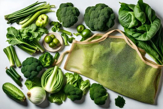 Eco friendly mesh shop bag with raw organic green vegetables isolated on white background Flat lay, top view Zero waste, plastic free concept