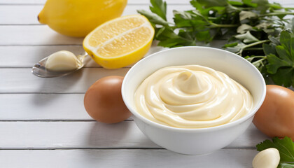 Traditional mayonnaise sauce in white ceramic bowl and ingredients for its preparation on white wooden background. Selective focus.