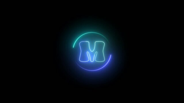 Neon alphabet letter  sign M  icon animation . glowing circle rotation letter symbol .