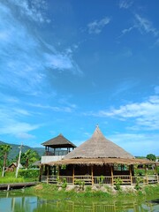 Fototapeta na wymiar hut on the beach and palm trees in south Thailand 