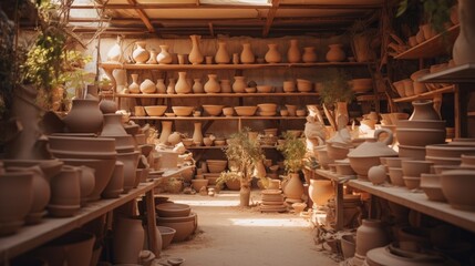 Ceramic pottery shop with delicate handmade pieces. Generative AI