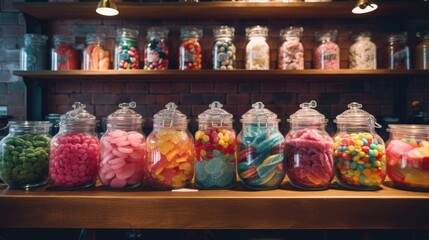 Candy store with jars full of colorful sweets. Generative AI