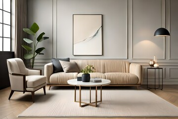 Interior design of living room with copy space, beige sofa, side table, leaf in vase, pouf, elegant accessories and boucle rug. Beige wall. Minimalist home decor. Modern living room. Template.