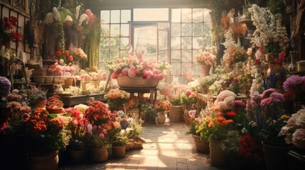 A florist shop overflowing with bright, colorful flowers. Generative AI - obrazy, fototapety, plakaty