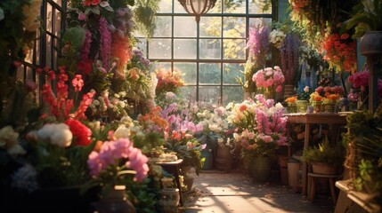 Fototapeta na wymiar A florist shop overflowing with bright, colorful flowers. Generative AI
