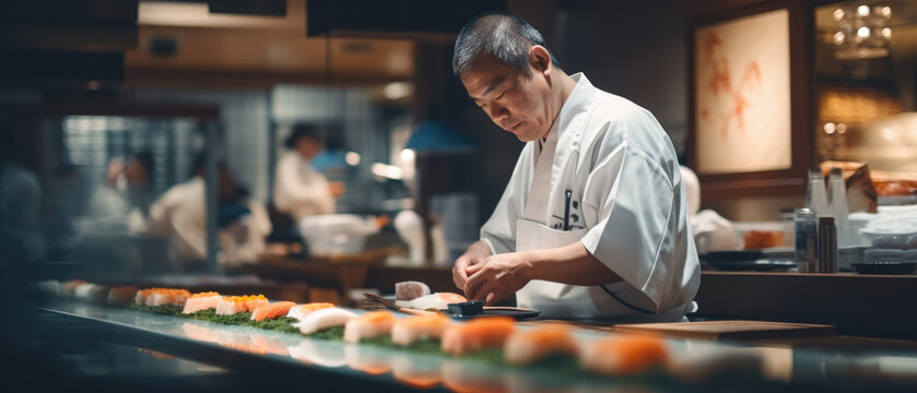 Culinary Craftsmanship. A Sushi Restaurant in Tokyo, Japan with a Chef Preparing Sushi. Authentic Cuisine Concept