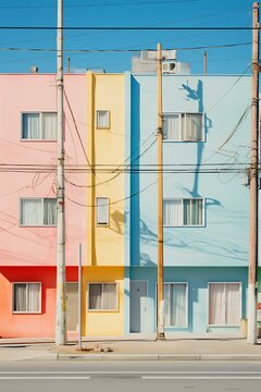 colorful simetrical japanese street minimalism, buildings and streets in the 90s with sentimental memories. pastel-colored. generative AI