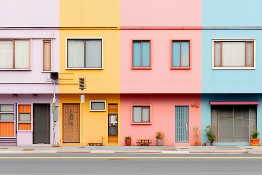 colorful simetrical japanese street minimalism, buildings and streets in the 90s with sentimental memories. pastel-colored. generative AI