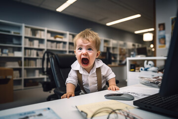 Turbulent Workplace. Angry Toddler Sitting in Office with Frustrated and Failed Boss. Unruly Office Atmosphere concept. AI Generative 