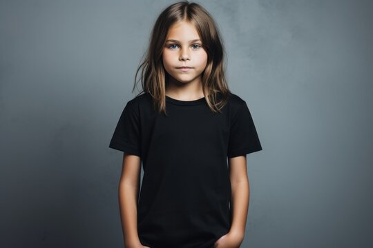 Young fictional little girl wearing a plain black t-shirt. Isolated on a plain neutral background. Generative AI.